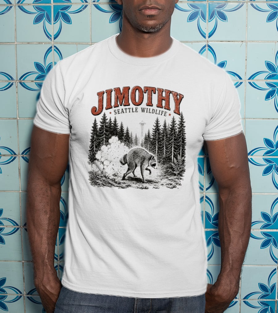 Jimothy Seattle Wildlife Raccoon With Space Needle Forest Scene T-Shirt