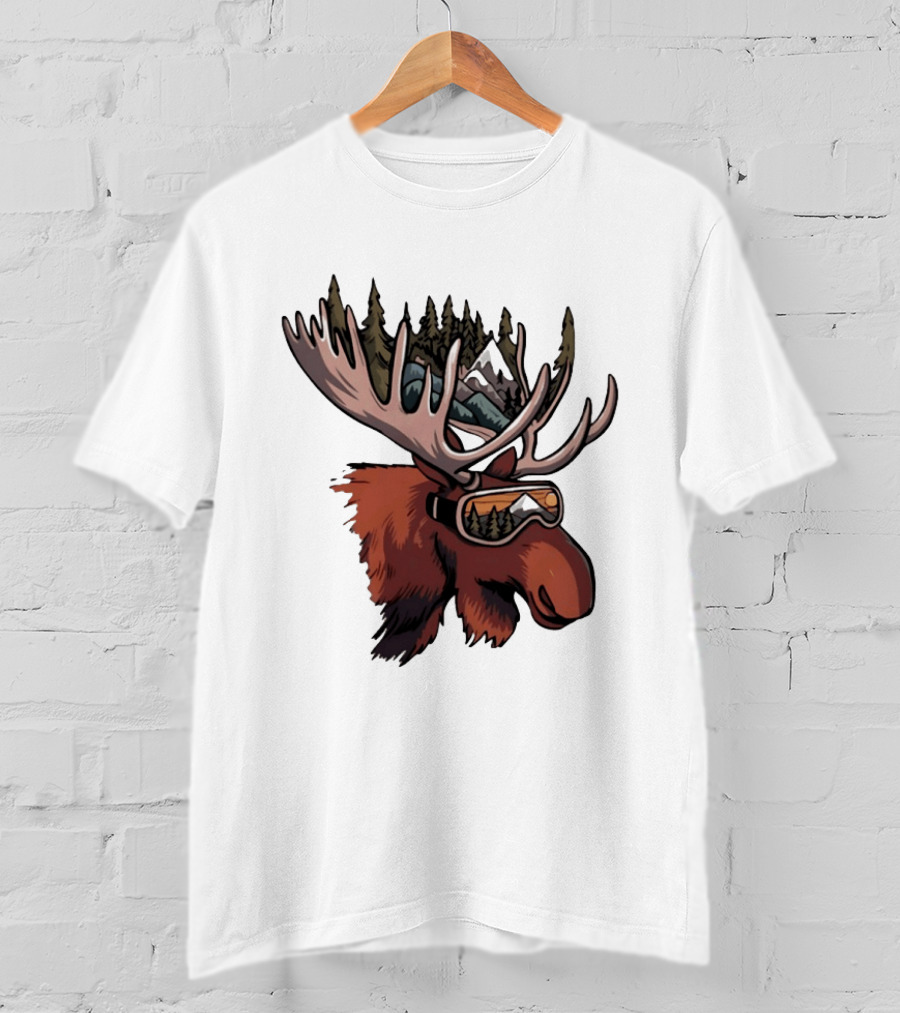 Moose With Ski Goggles And Mountain Forest Antlers Adventure Scene T-Shirt
