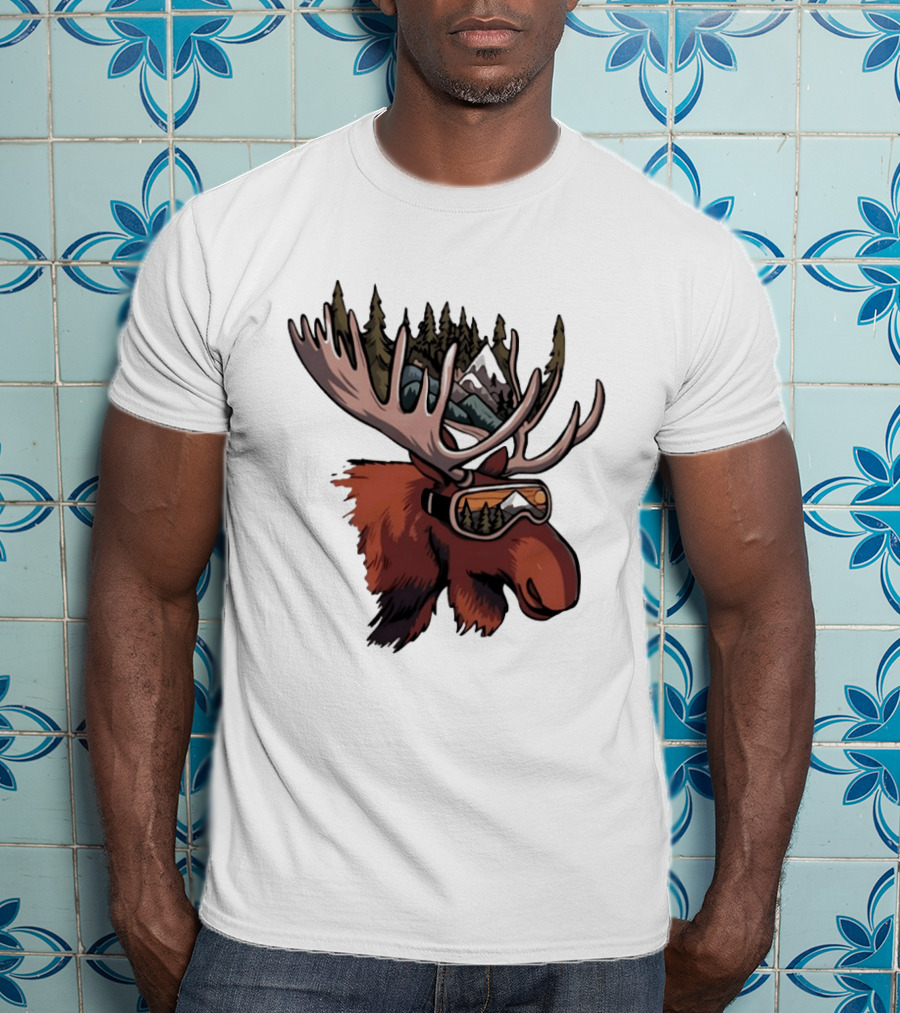 Moose With Ski Goggles And Mountain Forest Antlers Adventure Scene T-Shirt