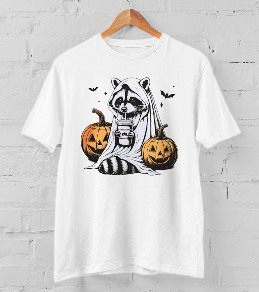 Raccoon Ghost With Iced Coffee And Jack O' Lanterns Halloween T-Shirt