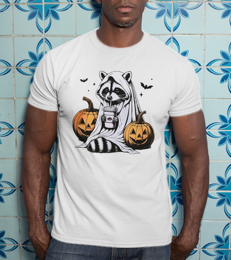 Raccoon Ghost With Iced Coffee And Jack O' Lanterns Halloween T-Shirt