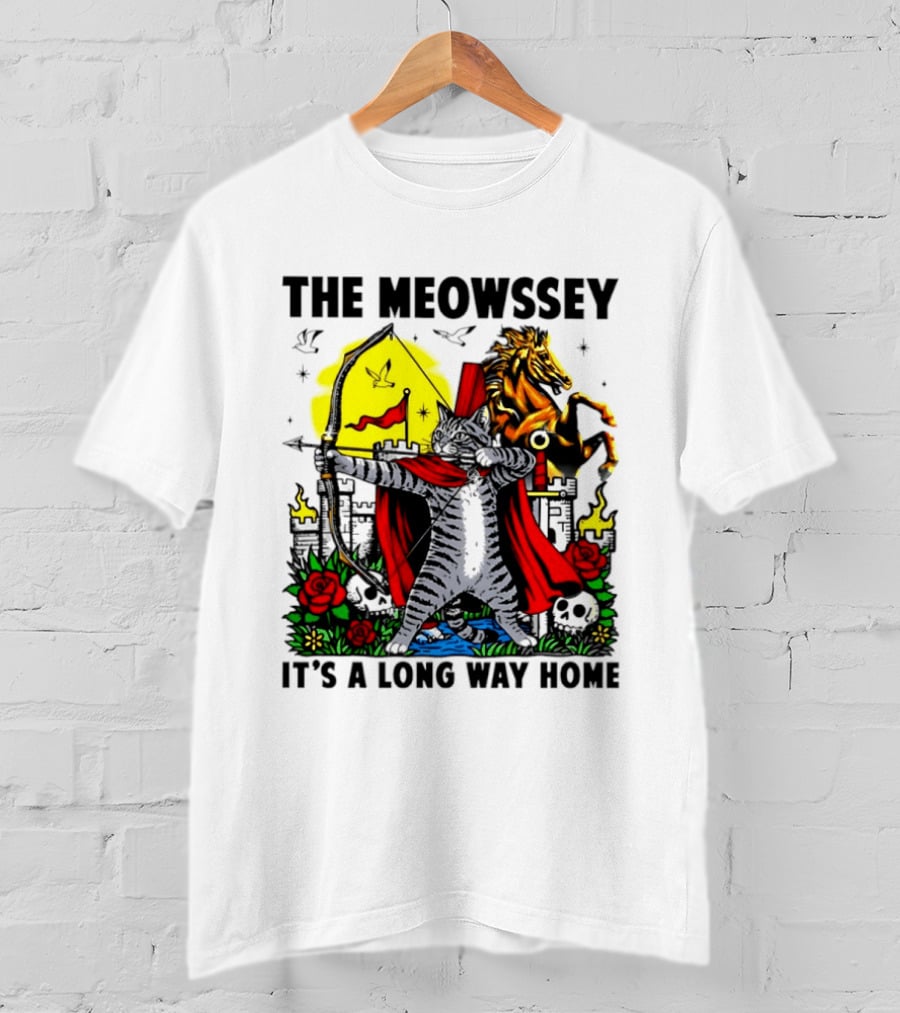 The Meowssey It's A Long Way Home Cat Archer With Red Cape And Horse T-Shirt