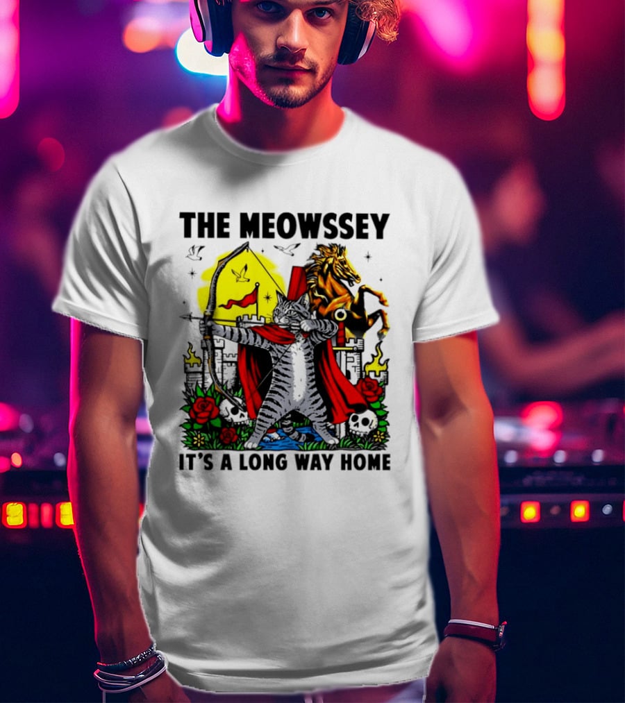 The Meowssey It's A Long Way Home Cat Archer With Red Cape And Horse T-Shirt