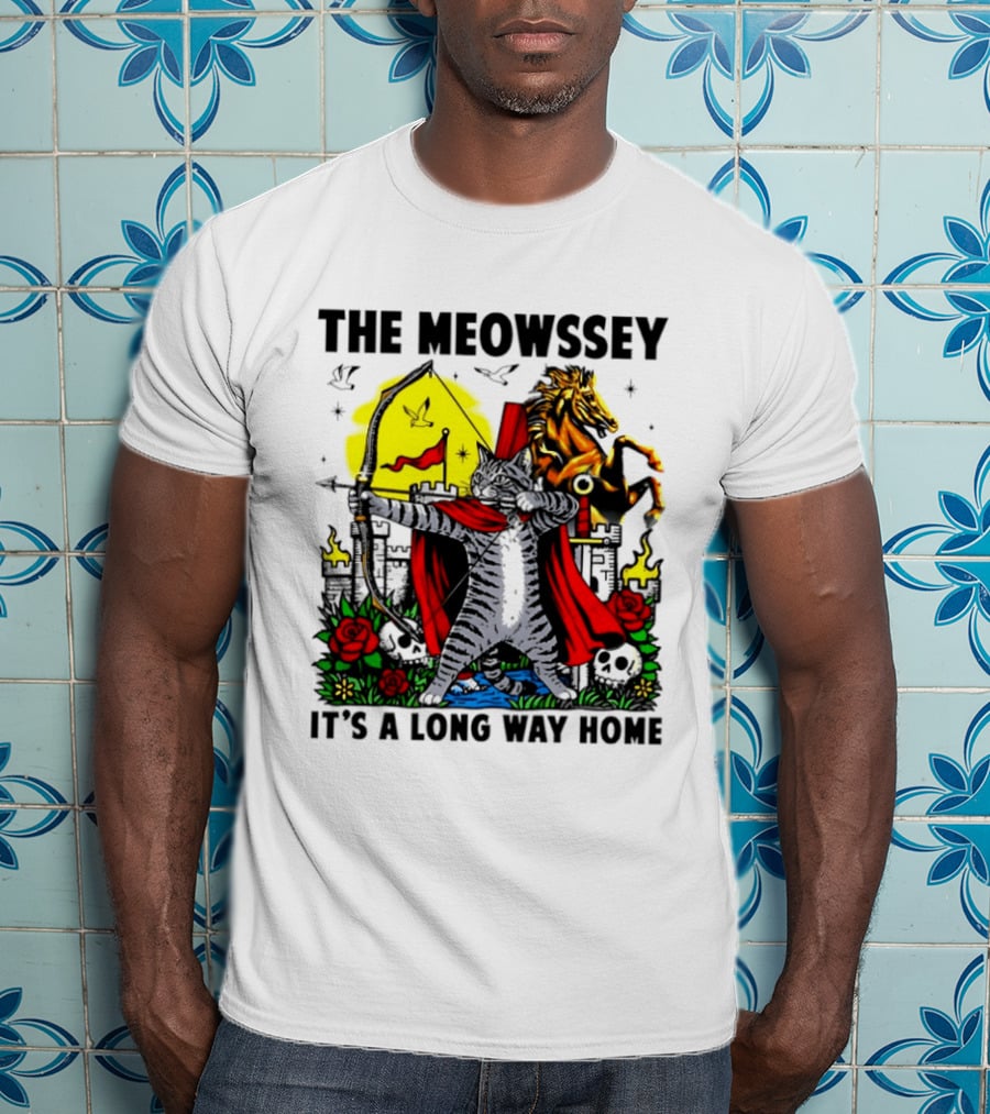 The Meowssey It's A Long Way Home Cat Archer With Red Cape And Horse T-Shirt