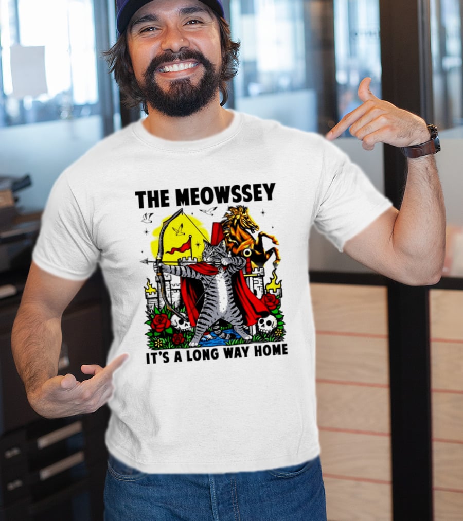 The Meowssey It's A Long Way Home Cat Archer With Red Cape And Horse T-Shirt