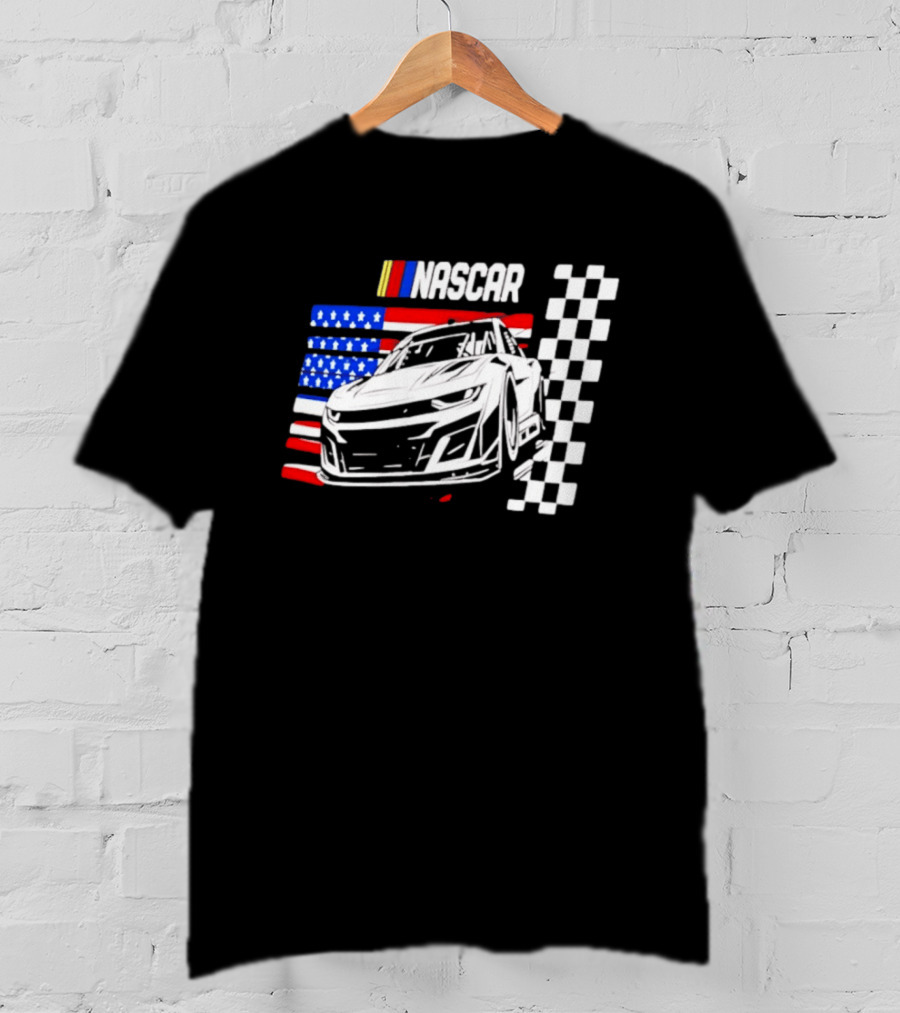 Nascar Race Car American Flag Checkered Flag T-Shirt