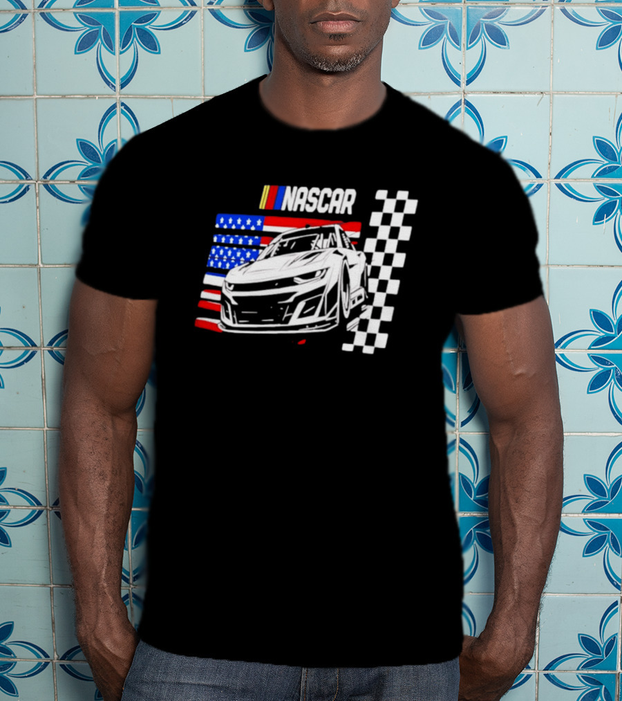 Nascar Race Car American Flag Checkered Flag T-Shirt