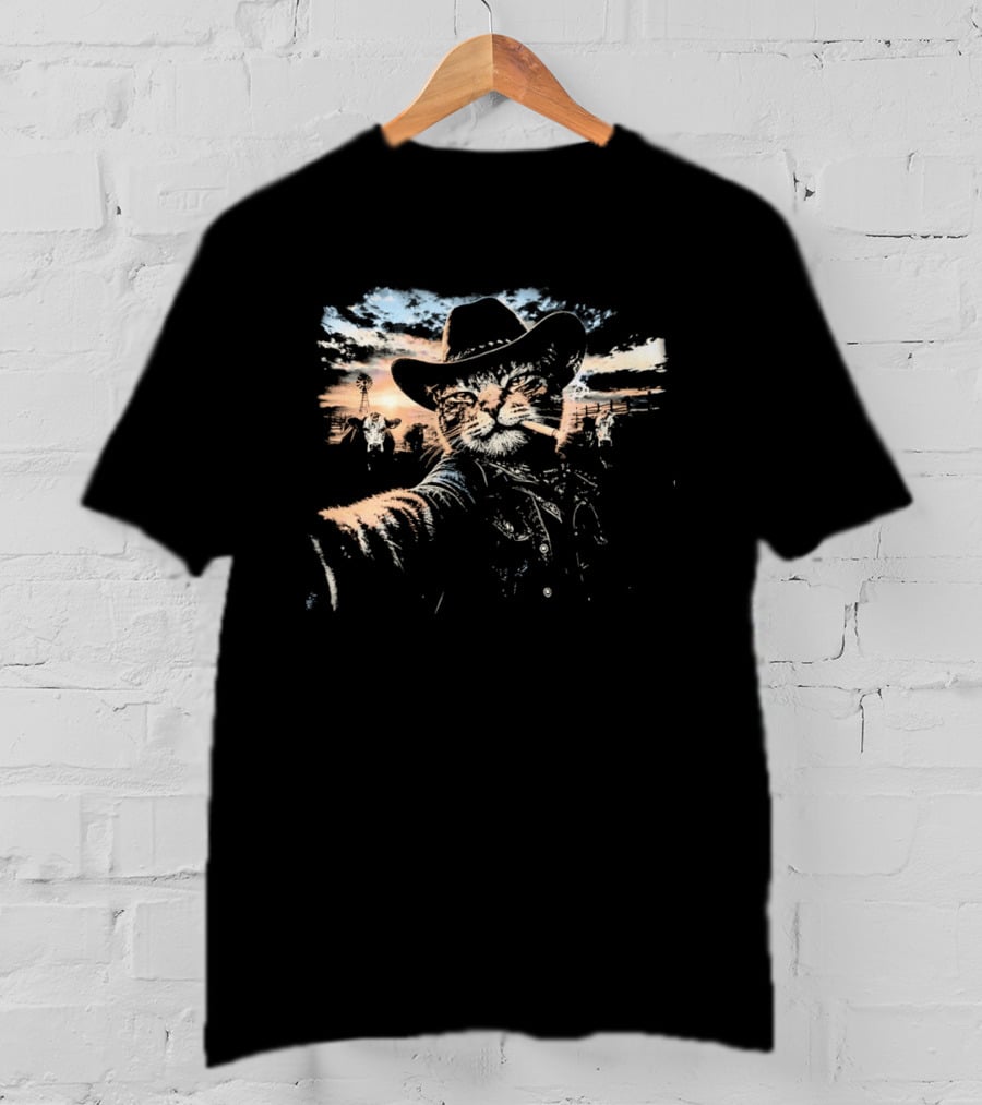 Cowboy Cat Smoking Selfie Sunset Western Sky Scene T-Shirt