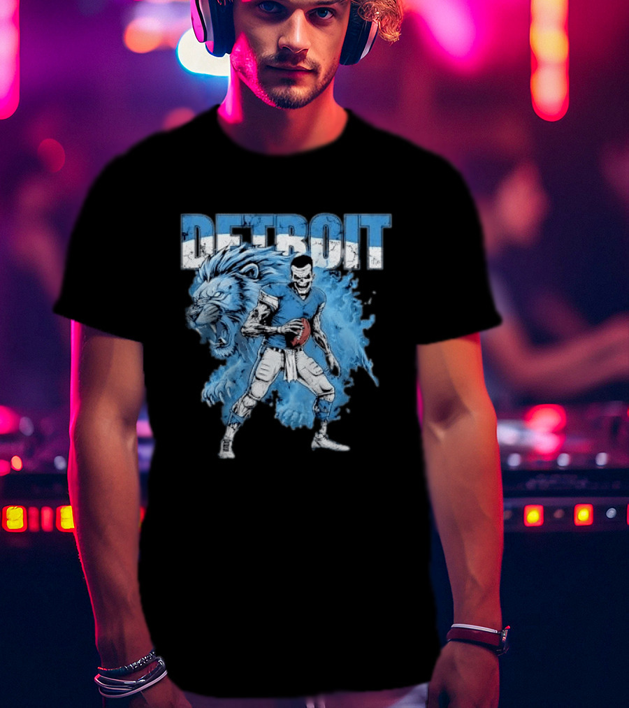 Detroit Lions Zombie Quarterback With Football And Fierce Lion T-Shirt