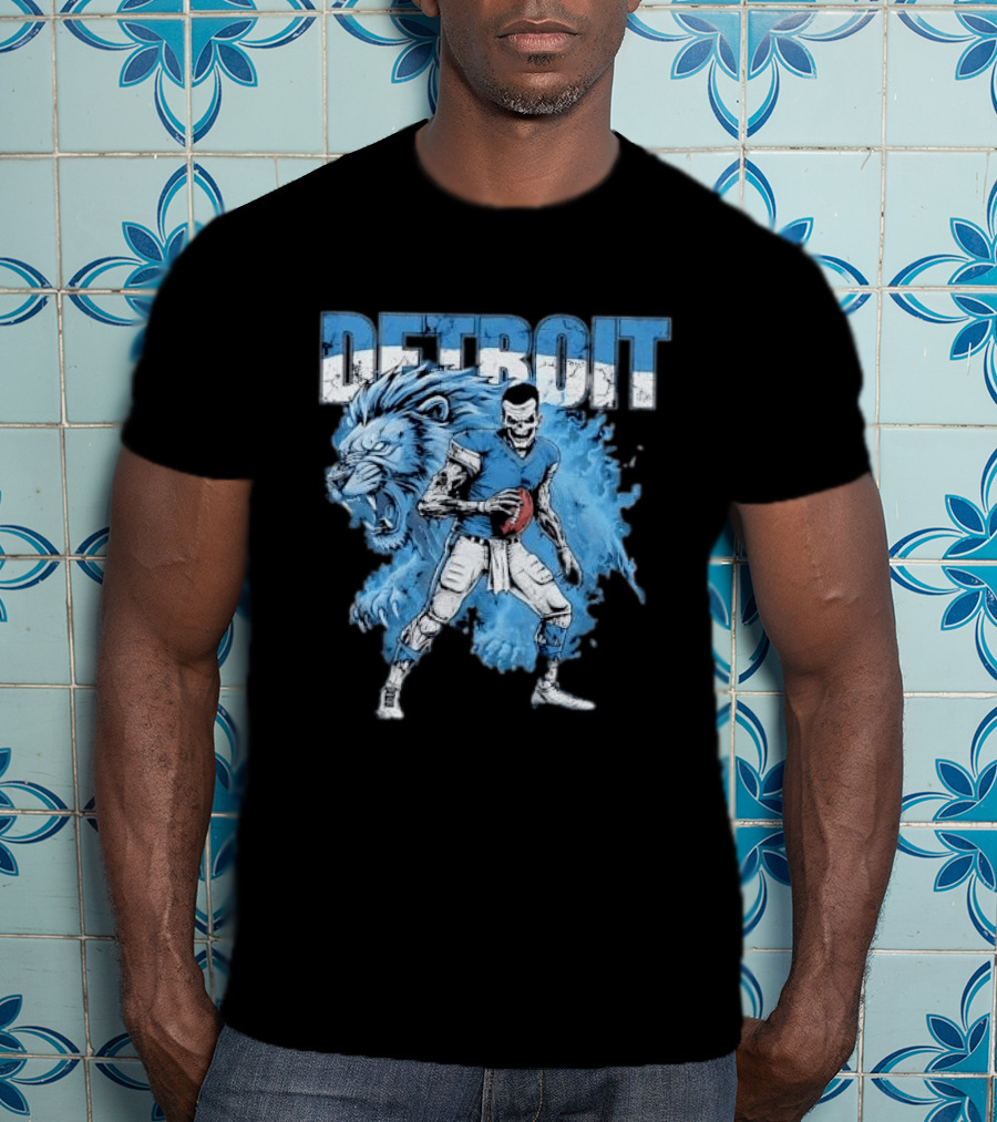 Detroit Lions Zombie Quarterback With Football And Fierce Lion T-Shirt