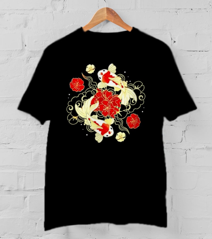 Koi Fish With Red And White Japanese Flowers T-Shirt
