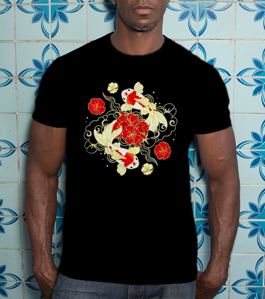 Koi Fish With Red And White Japanese Flowers T-Shirt