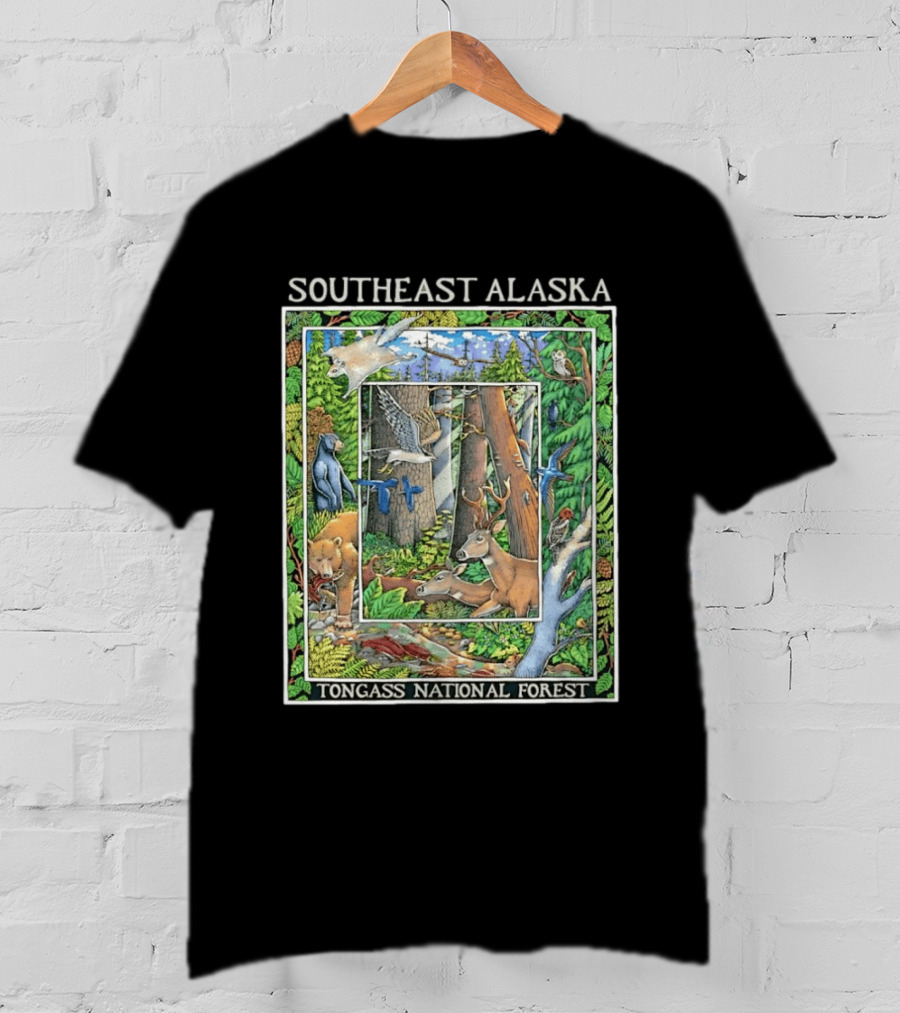 Southeast Alaska Tongass National Forest Wildlife Bear Deer Owl Wolf Bird T-Shirt