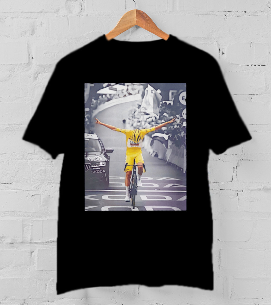 Tadej Pogacar Victory Moment Tour De France Skoda UCL Cyclist In Yellow Jersey T-Shirt