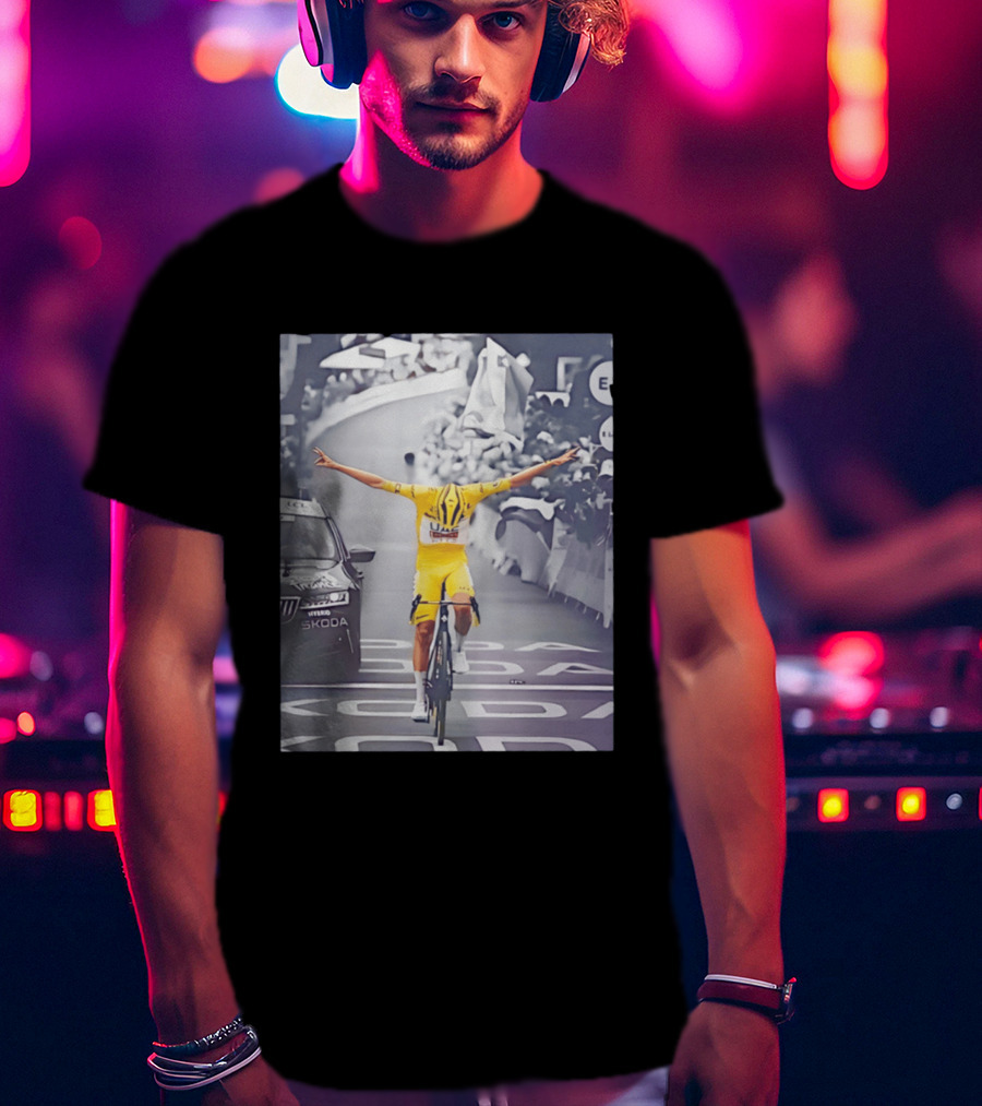 Tadej Pogacar Victory Moment Tour De France Skoda UCL Cyclist In Yellow Jersey T-Shirt