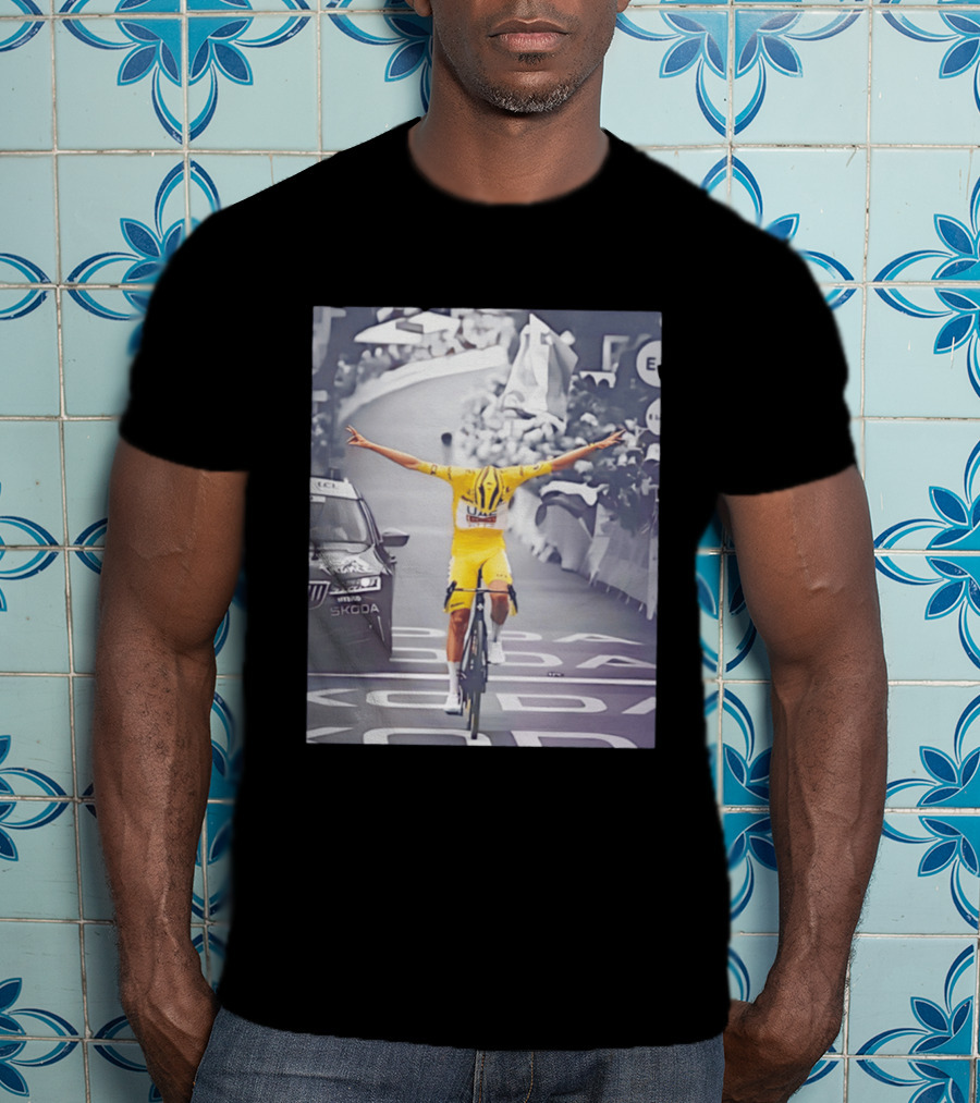 Tadej Pogacar Victory Moment Tour De France Skoda UCL Cyclist In Yellow Jersey T-Shirt
