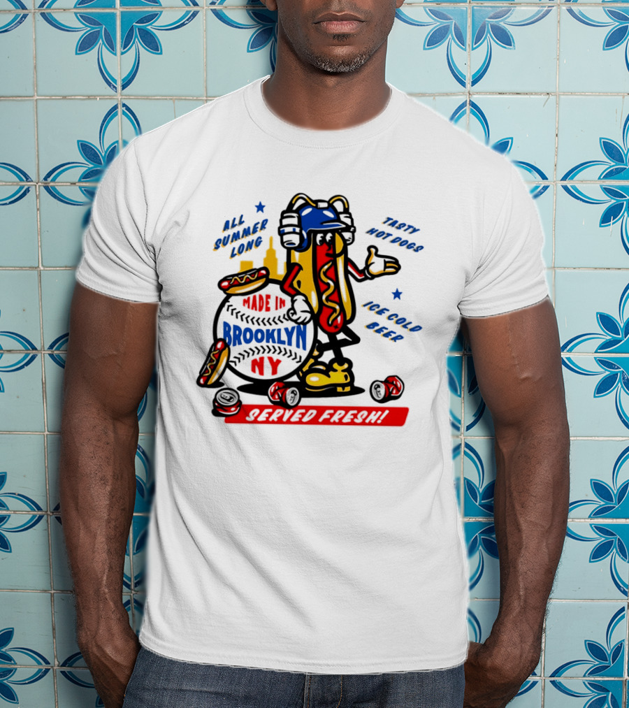 Made In Brooklyn NY Hot Dog With Ketchup All Summer Long Play Ball T-Shirt