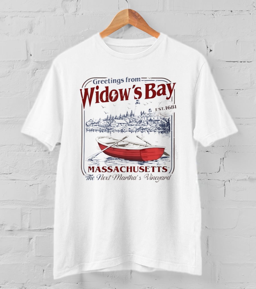 Greetings From Widow's Bay Massachusetts Est 1681 Martha's Vineyard Boat And Lighthouse T-Shirt