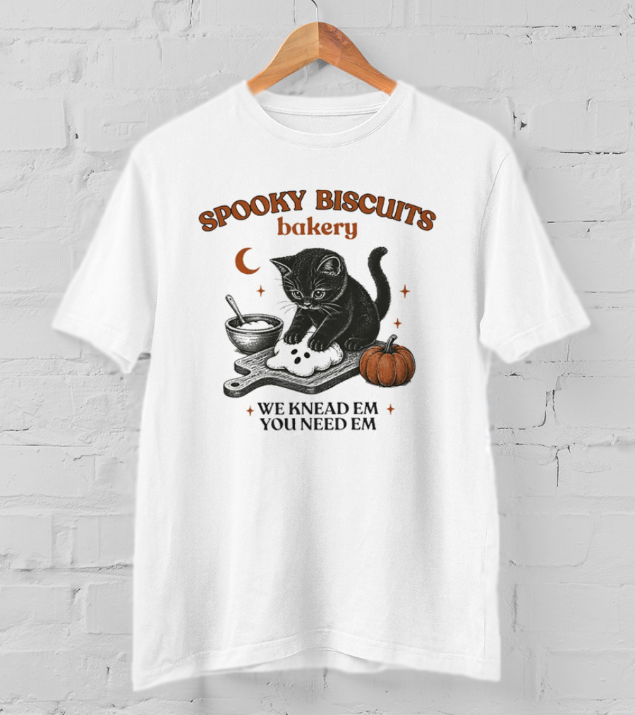 Spooky Biscuits Bakery We Knead Em You Need Em Cat Pumpkin Moon T-Shirt