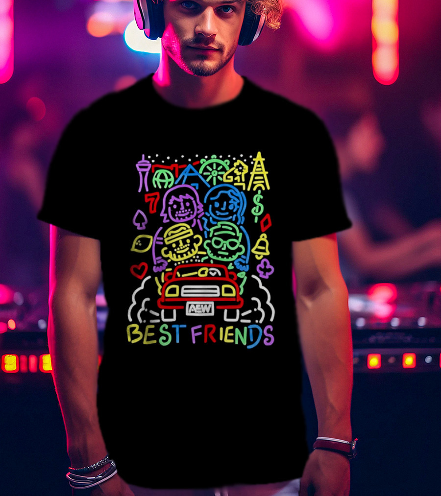 Best Friends AEW Neon Road Trip With Casino Icons And Landmarks T-Shirt