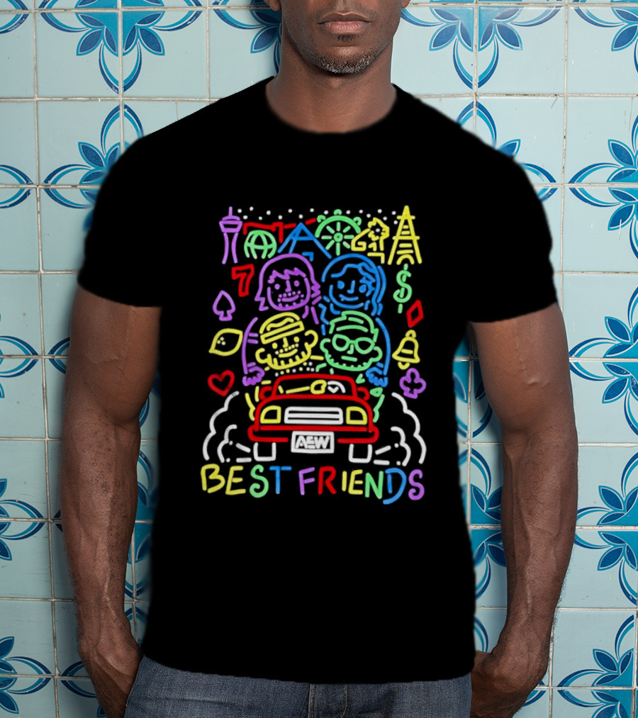 Best Friends AEW Neon Road Trip With Casino Icons And Landmarks T-Shirt