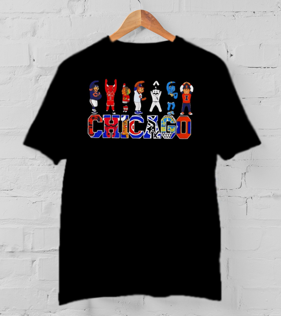 Chicago Bears Bulls Blackhawks Cubs White Sox Mascots Basketball Logos T-Shirt