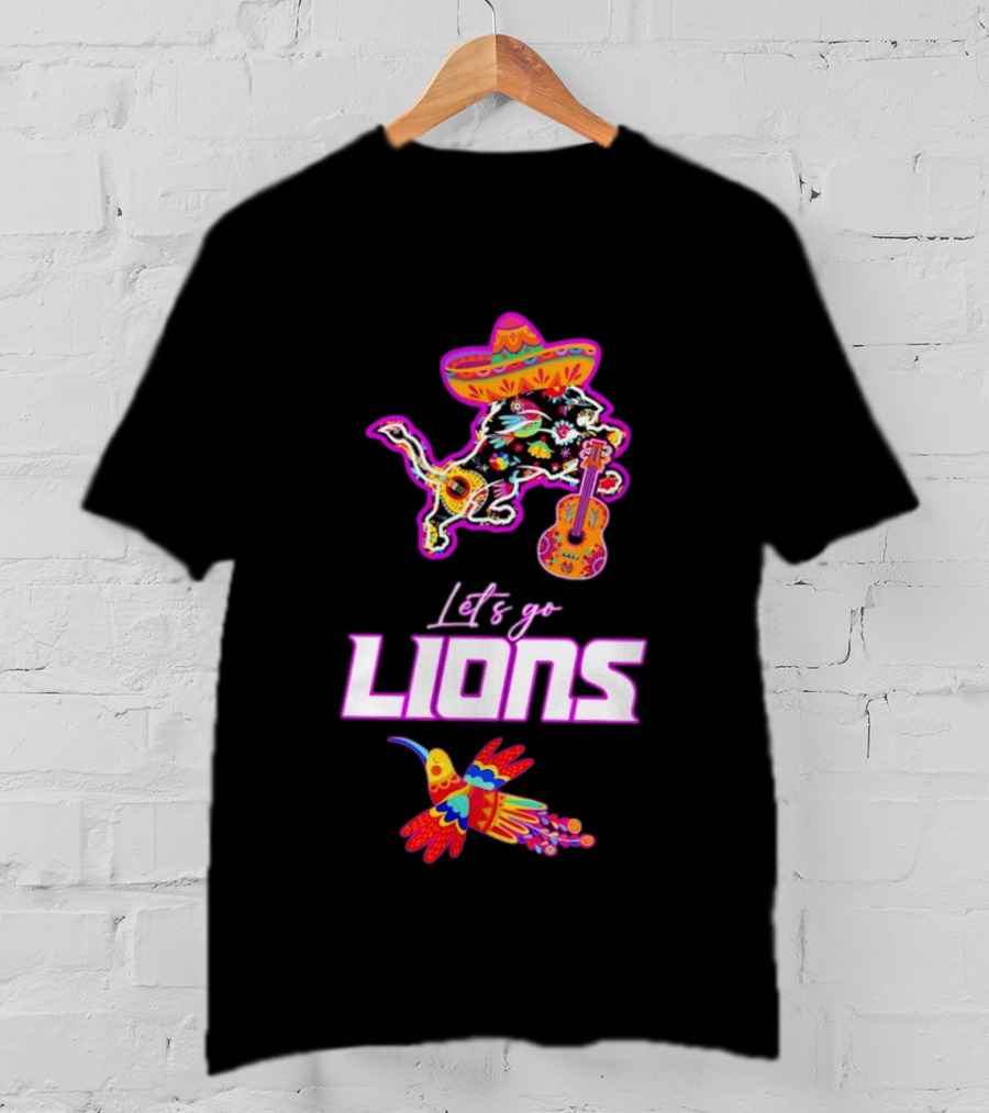 Let's Go Lions Hispanic Heritage Fiesta Mexican Folk Sombrero And Guitar T-Shirt