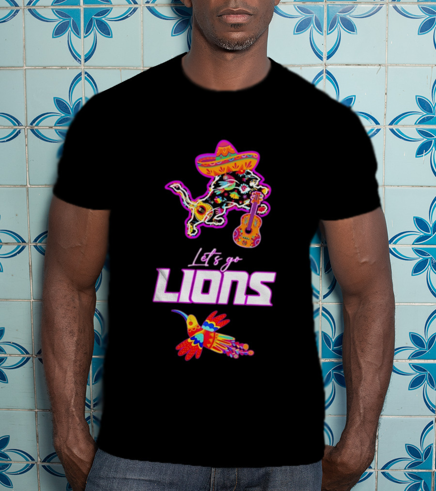 Let's Go Lions Hispanic Heritage Fiesta Mexican Folk Sombrero And Guitar T-Shirt