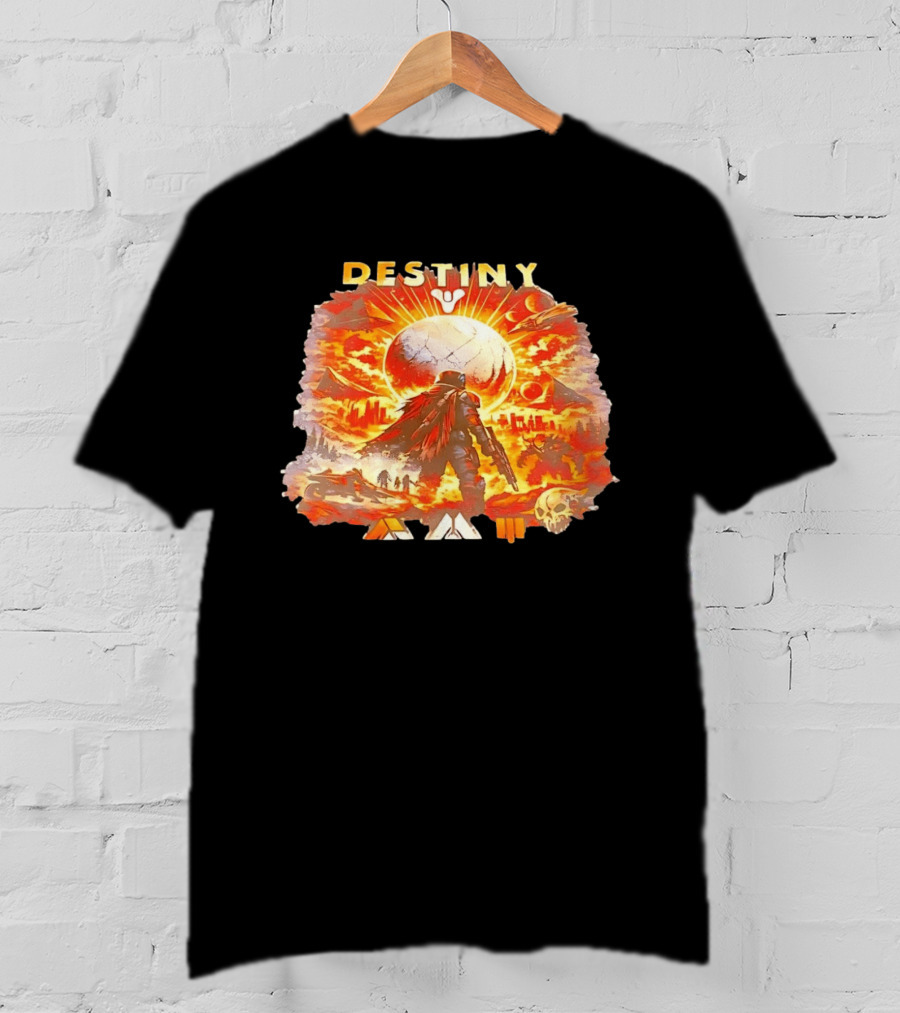 Destiny 3 Guardian Fireteam Solar Battle Scene With Traveler Sky Planet And Skull T-Shirt