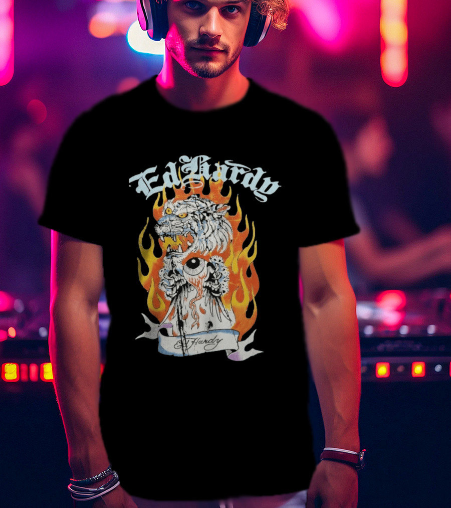 Ed Hardy Flaming Tiger Eyeball Flame Tattoo T-Shirt