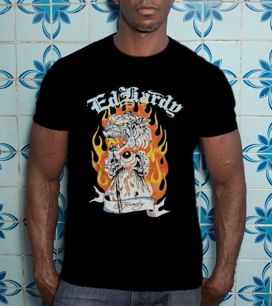 Ed Hardy Flaming Tiger Eyeball Flame Tattoo T-Shirt