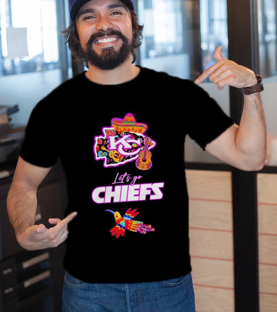 Kansas City Chiefs Let's Go Chiefs Fiesta Hispanic Heritage Mexican Folk KC Sombrero Guitar Hummingbird T-Shirt