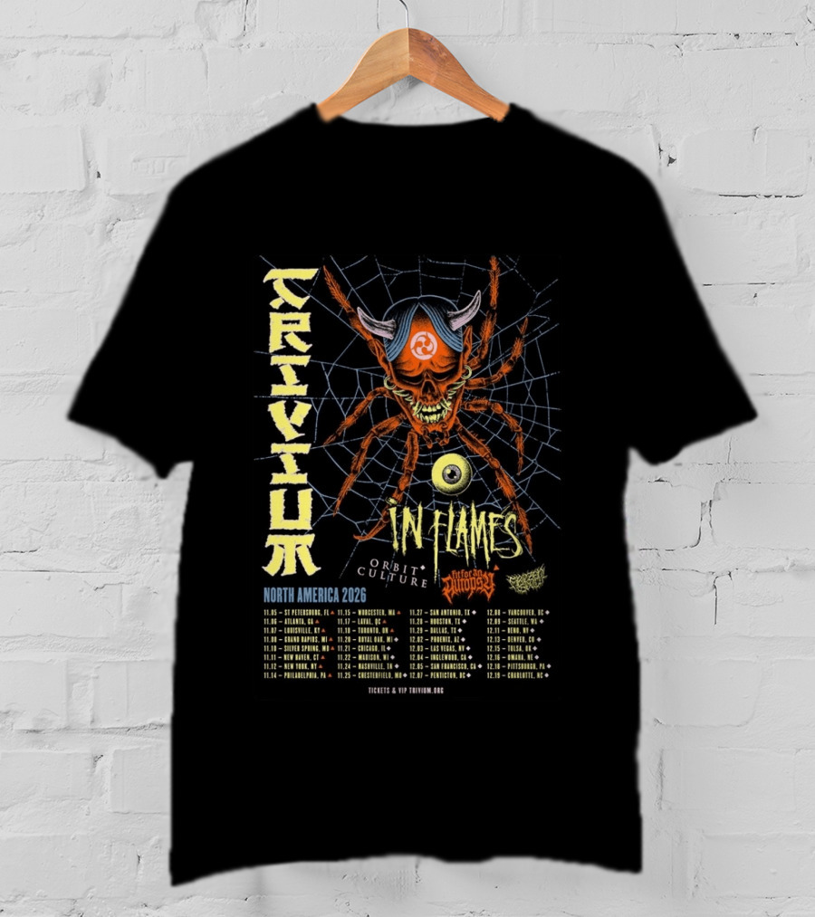 Trivium In Flames Orbit Culture North America 2026 Tour Dates And Cities With Spider T-Shirt