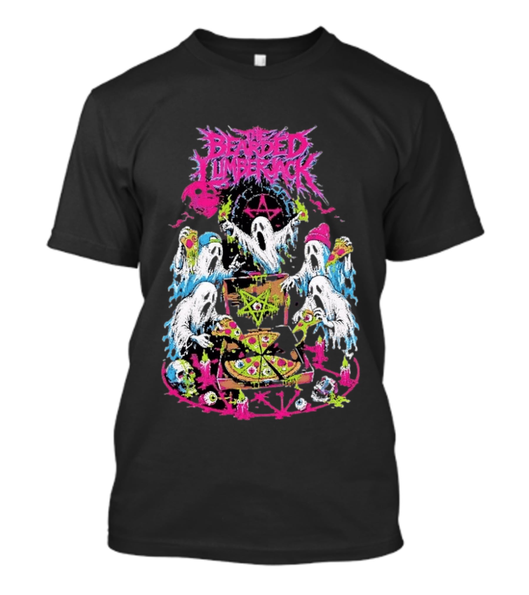 The Bearded Lumberjack Ghosts Enjoying Pizza With Pentagram T-Shirt