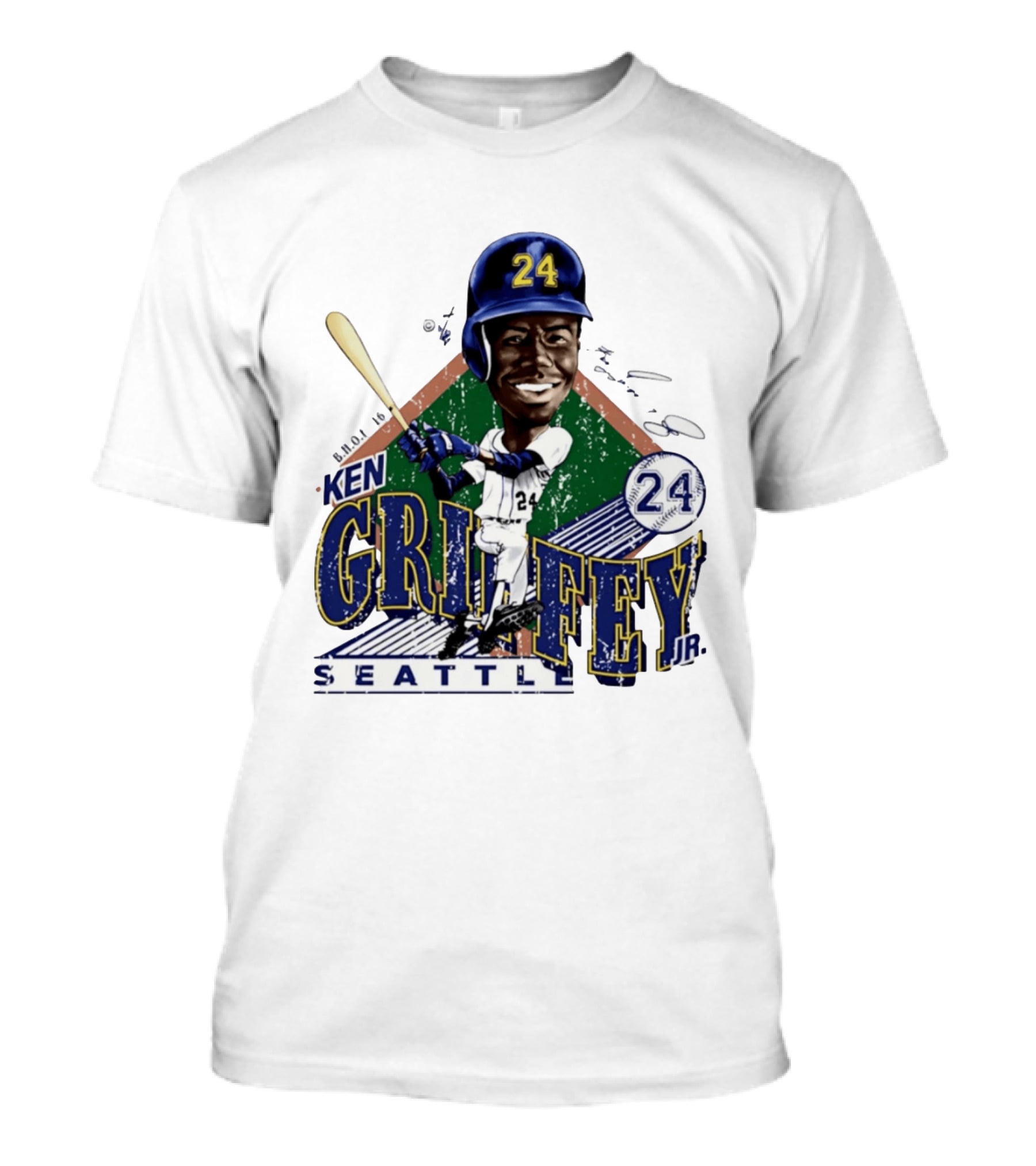 Ken Griffey Jr. Seattle Mariners 24 Baseball Batting Illustration Bruce Stark Collection T-Shirt
