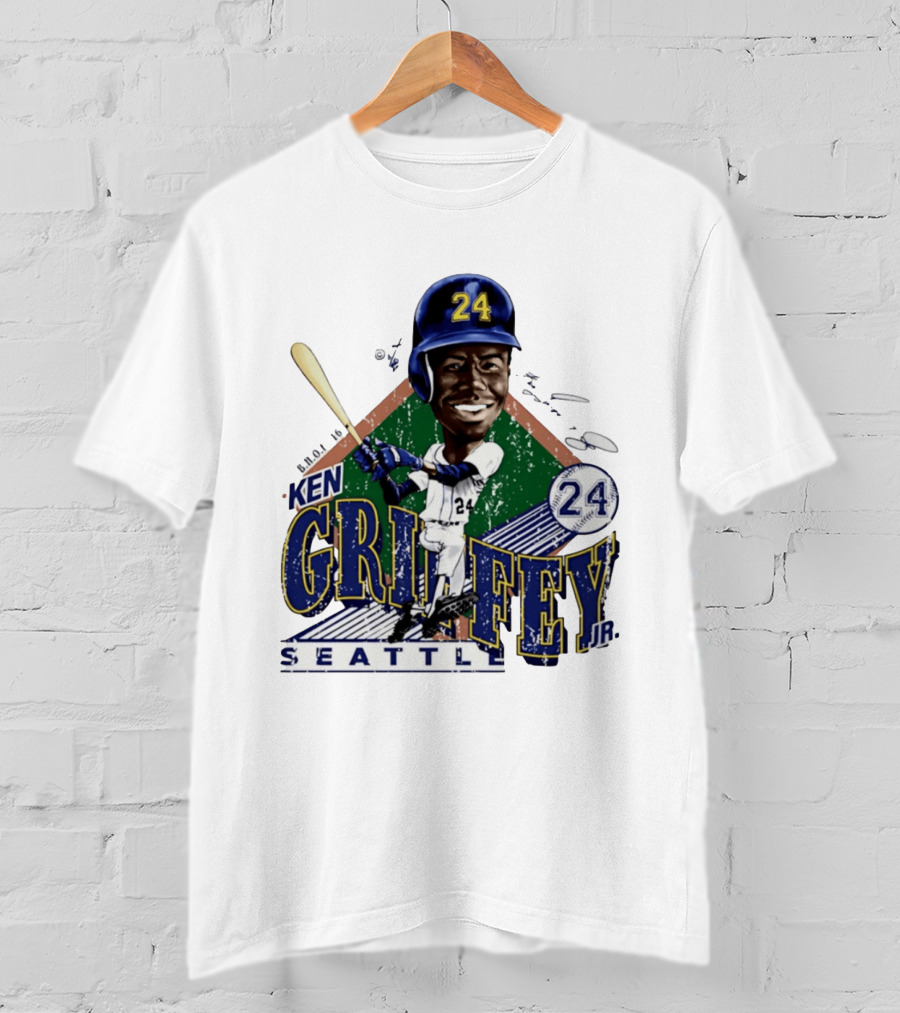 Ken Griffey Jr. Seattle Mariners 24 Baseball Batting Illustration Bruce Stark Collection T-Shirt