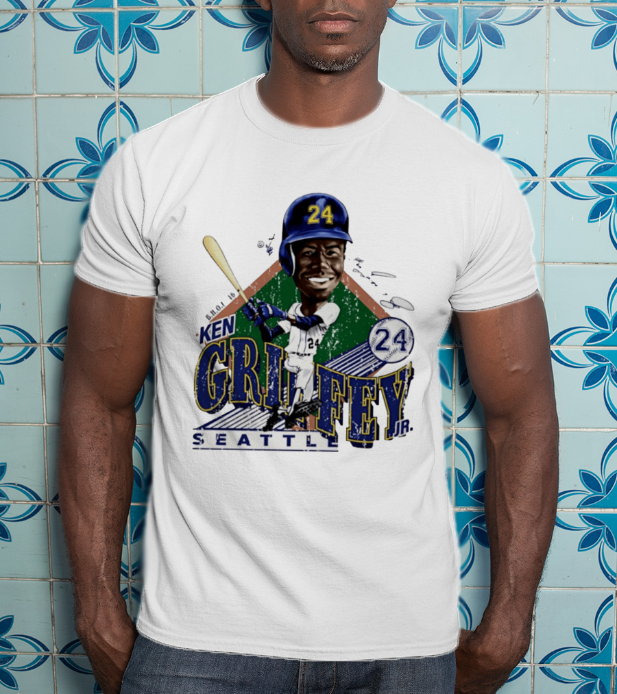 Ken Griffey Jr. Seattle Mariners 24 Baseball Batting Illustration Bruce Stark Collection T-Shirt