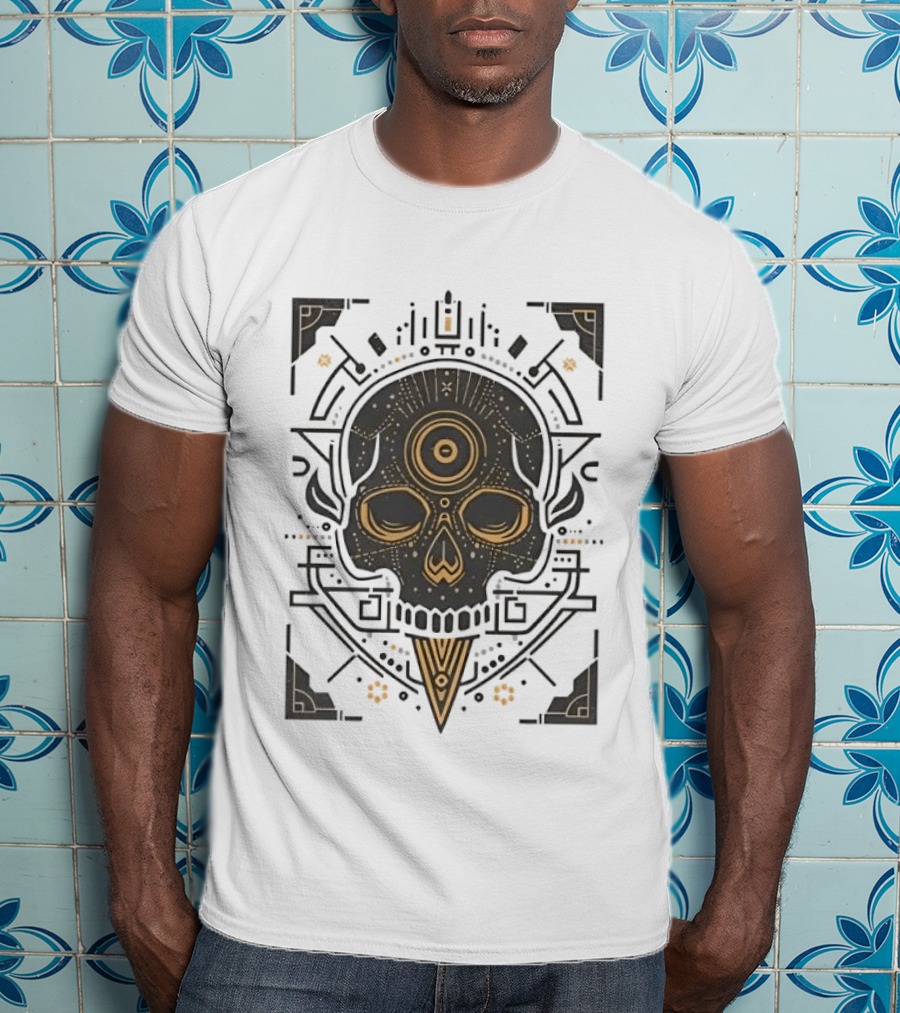 Sacred Geometry Skull Minimalist Golden Ornamental T-Shirt
