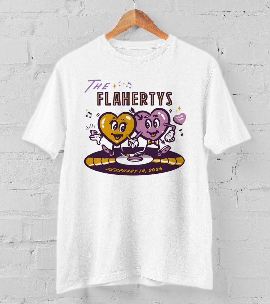 The Flahertys February 14 2026 Dancing Wedding Hearts With Music Notes T-Shirt