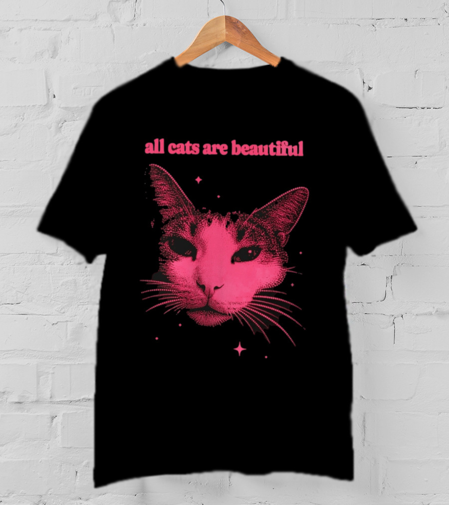 All Cats Are Beautiful Pink Halftone Cat Face With Stars T-Shirt