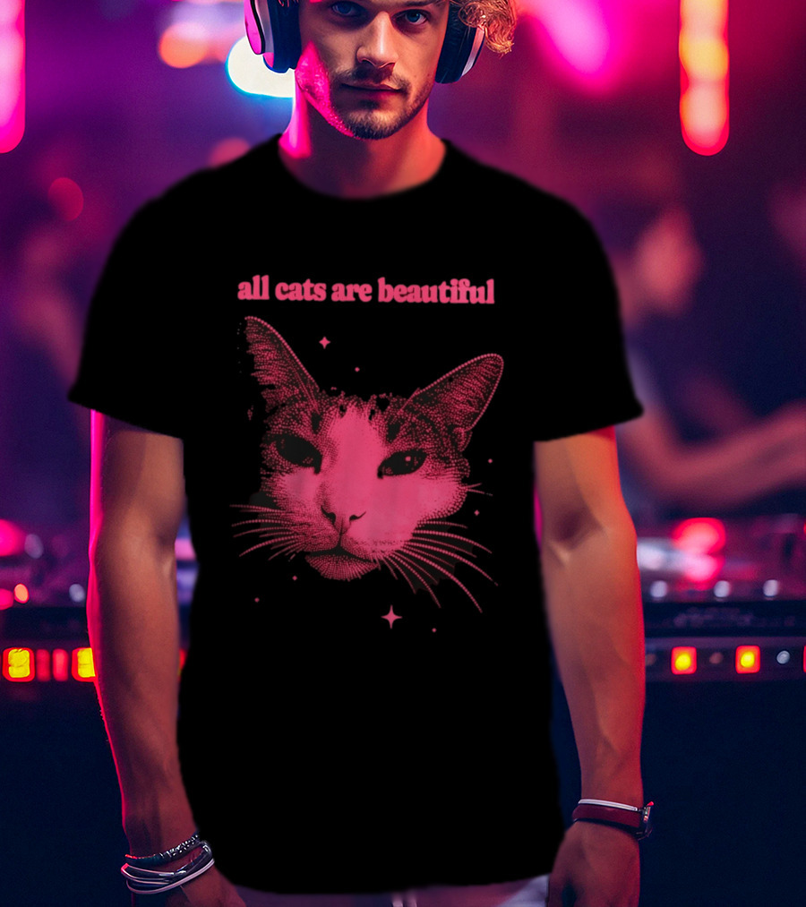 All Cats Are Beautiful Pink Halftone Cat Face With Stars T-Shirt