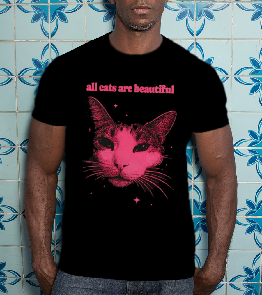All Cats Are Beautiful Pink Halftone Cat Face With Stars T-Shirt