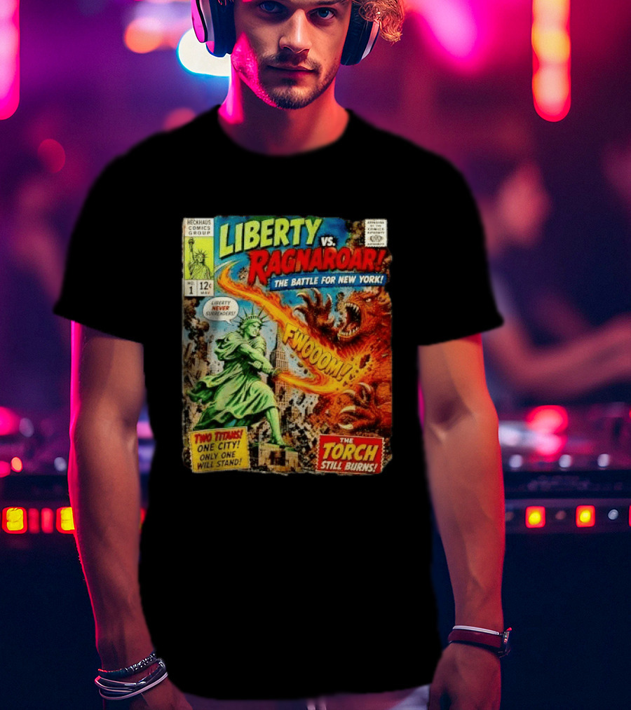Heckhaus Comics Group Liberty Vs Ragnaroar The Battle For New York Fwooom Two Titans One City Only One Will Stand The Torch Still Burns T-Shirt