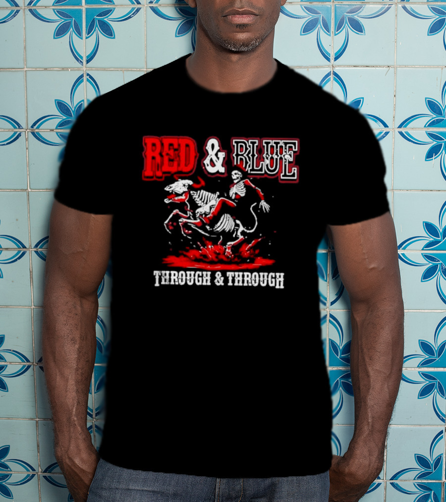 Red And Blue Through And Through Skeleton Cowboy Riding Horse T-Shirt