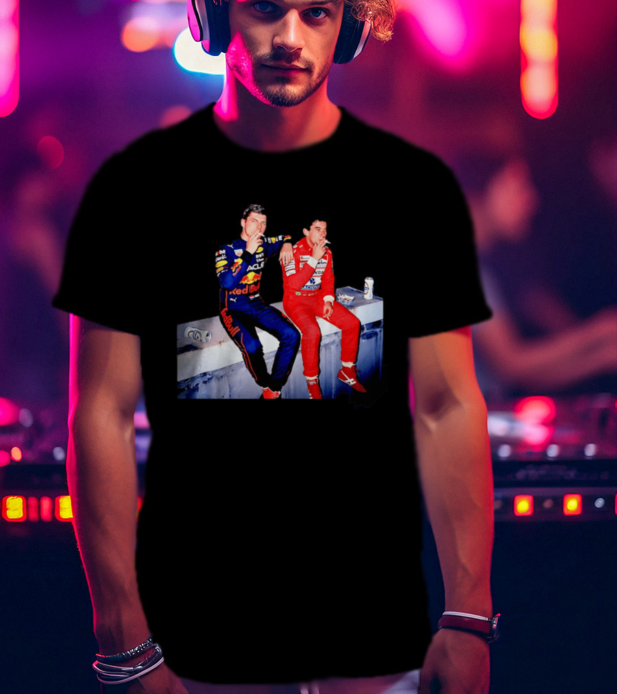 Max Verstappen Red Bull Racing And Ayrton Senna Honda Marlboro F1 Legends Smoking Together T-Shirt