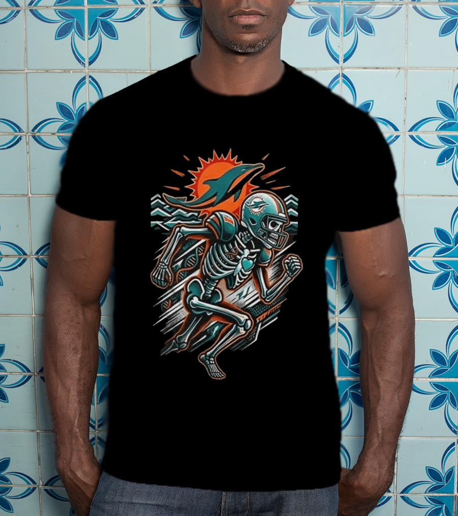 Miami Dolphins Runs In My Blood Skeleton Football Sprint T-Shirt