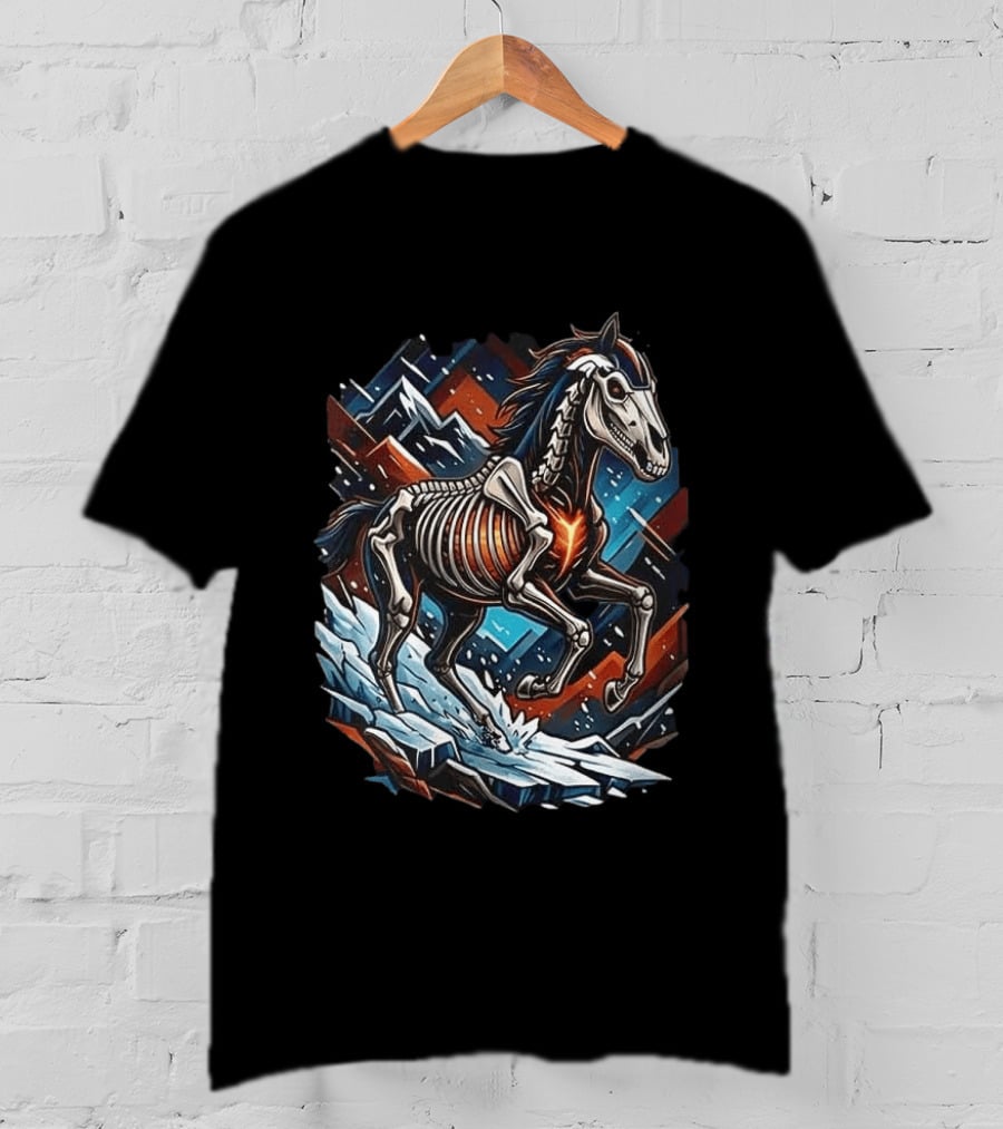 Denver Broncos Runs In My Blood Skeleton Horse And Mountains T-Shirt