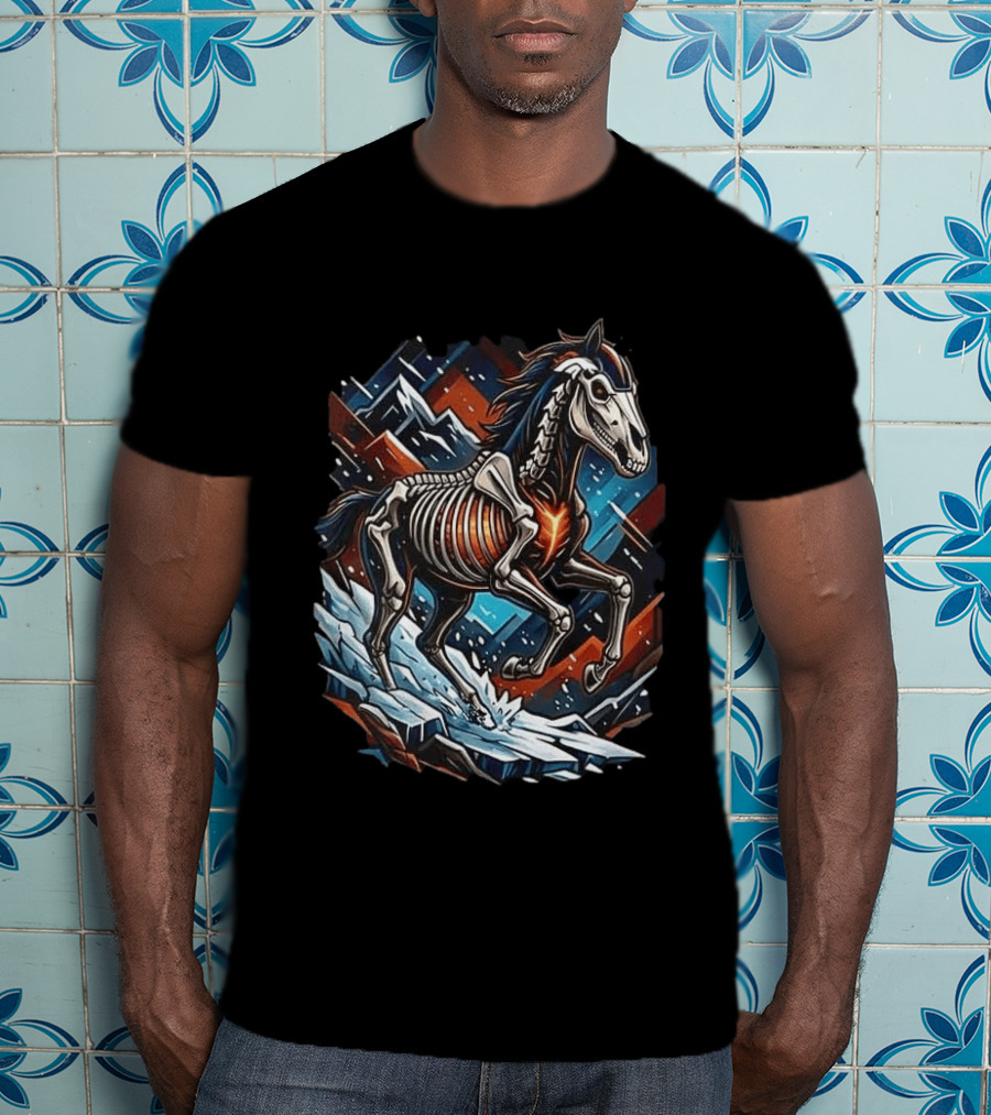 Denver Broncos Runs In My Blood Skeleton Horse And Mountains T-Shirt