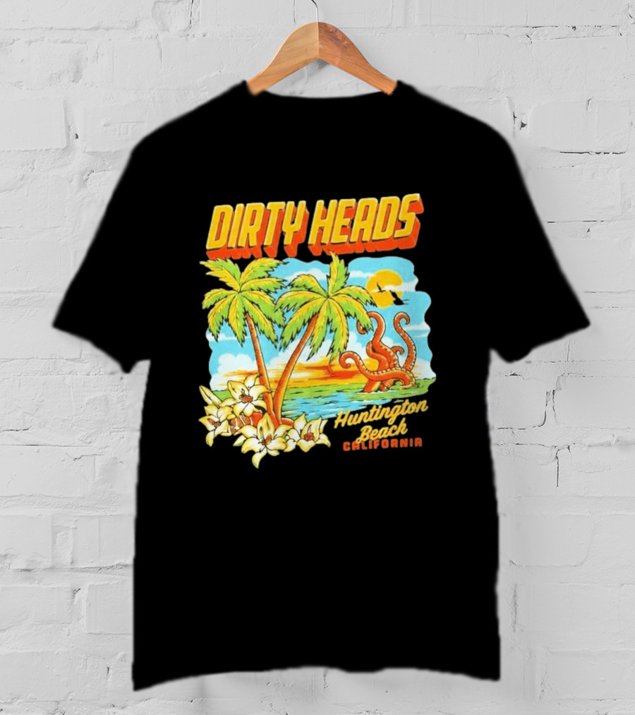 Dirty Heads Tropical Beach Palm Trees Ocean Sunset Octopus Huntington Beach California T-Shirt