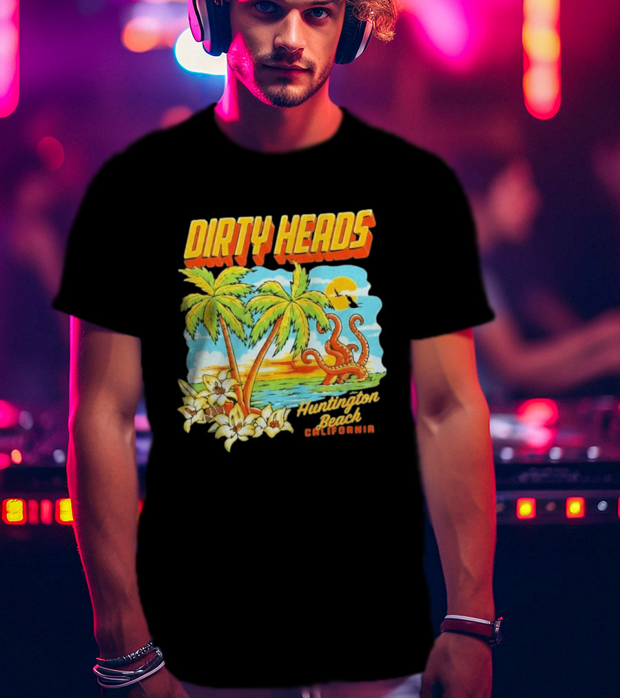 Dirty Heads Tropical Beach Palm Trees Ocean Sunset Octopus Huntington Beach California T-Shirt